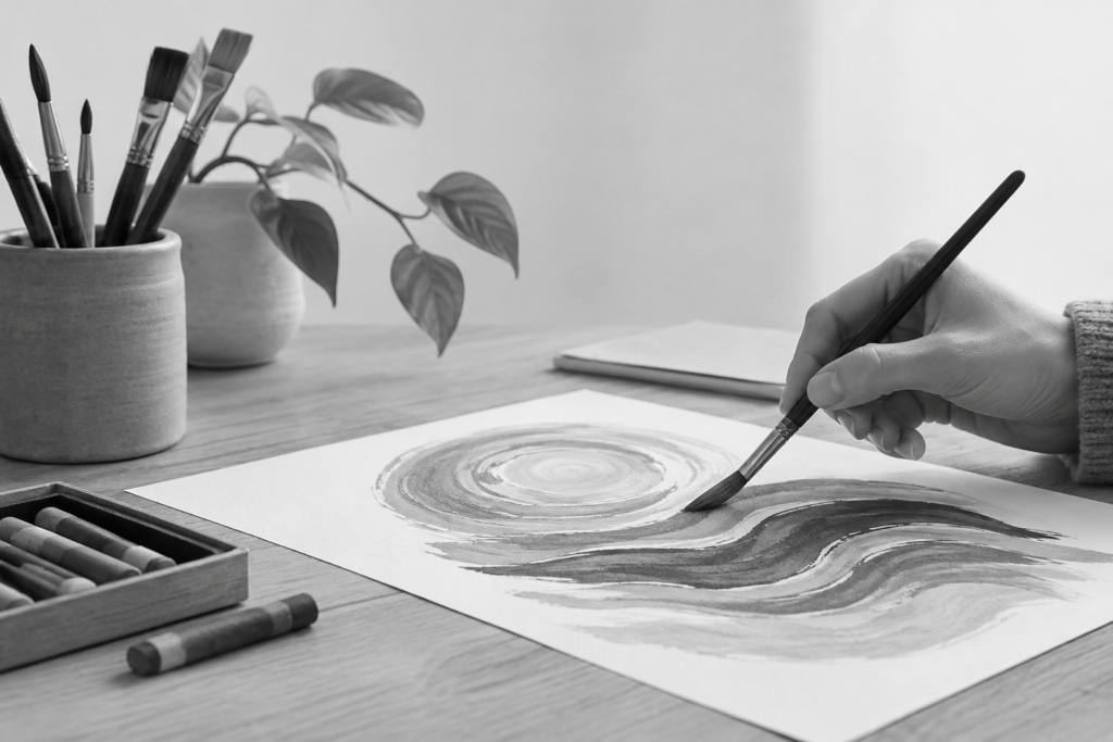 Person painting during an art therapy session with brushes and crayons nearby