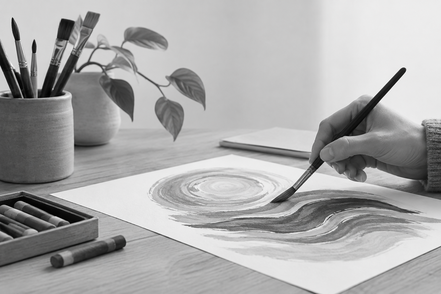Person painting during an art therapy session with brushes and crayons nearby
