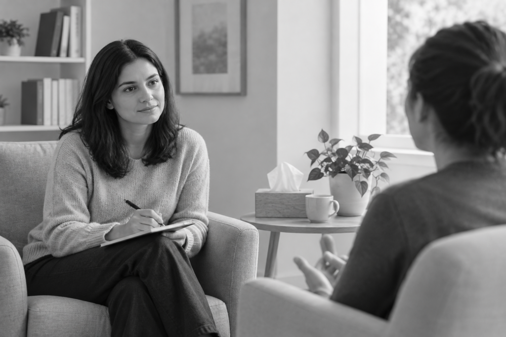 Counsellor speaking with a client in a private counselling office