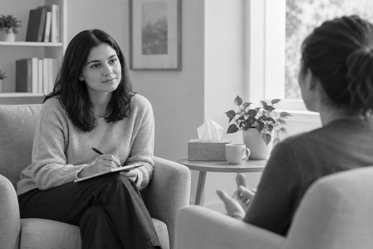 Counsellor speaking with a client in a private counselling office