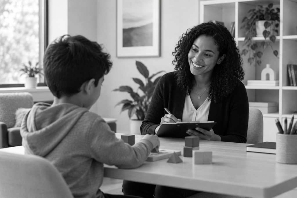 Clinician smiling at a child during an assessment while he holds building blocks