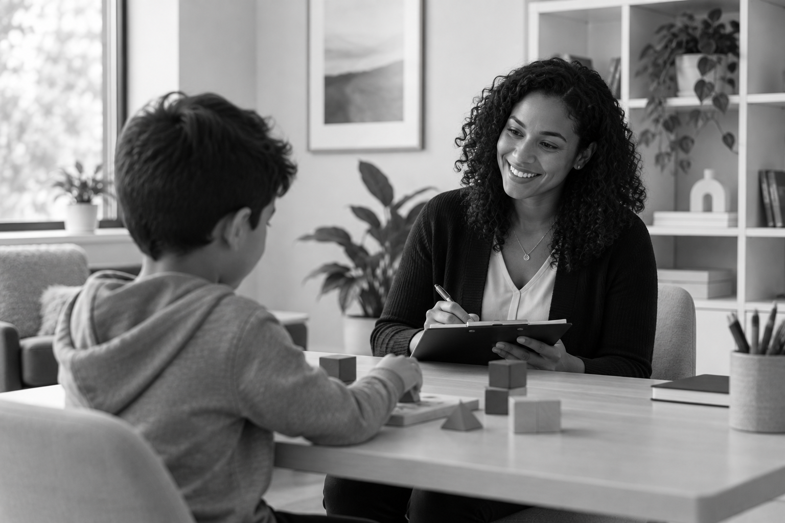 Clinician smiling at a child during an assessment while he holds building blocks