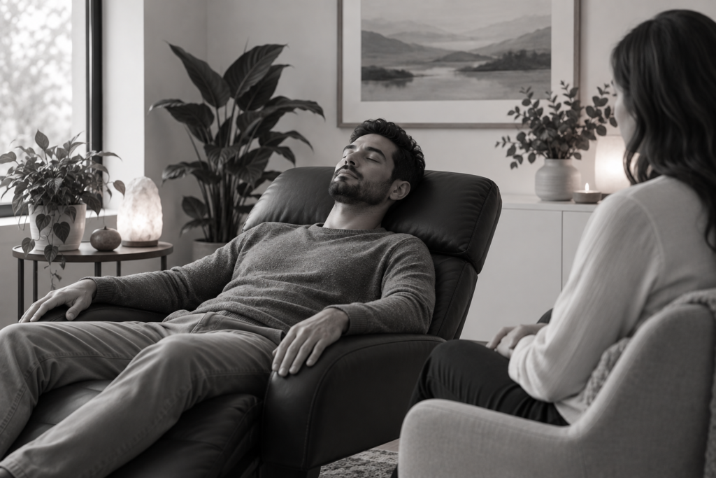 Clinical hypnotherapy session with a client and practitioner