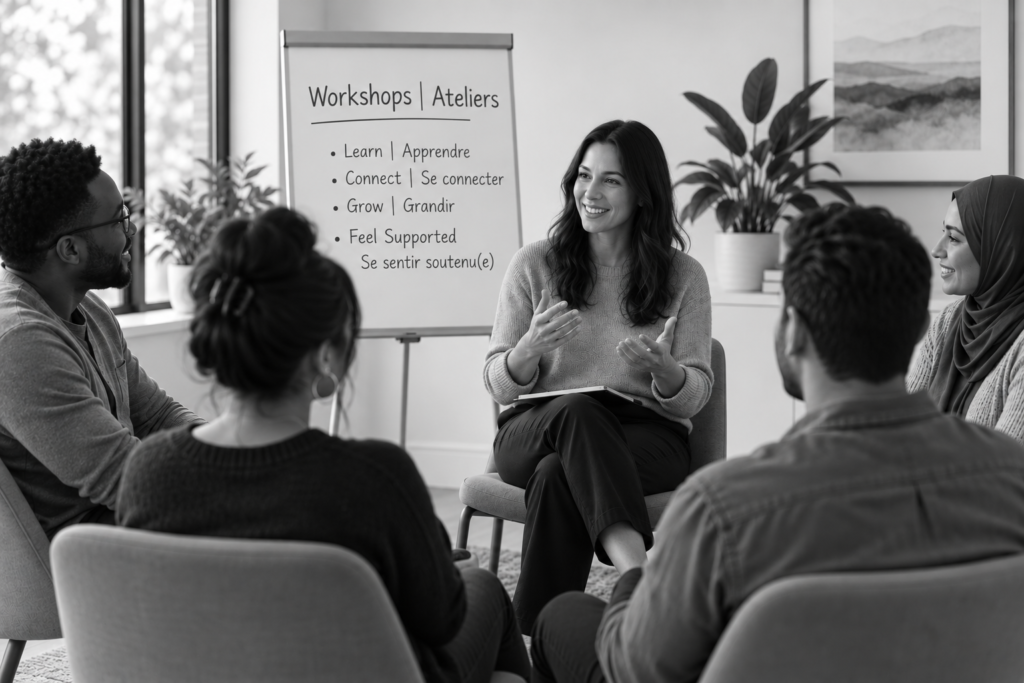 Workshop facilitator leading a diverse group of participants in a welcoming setting