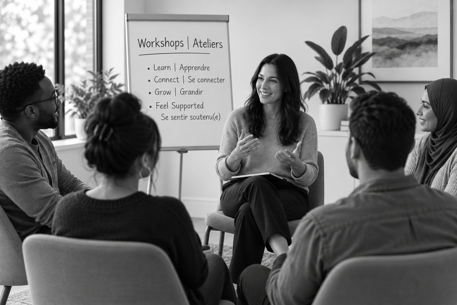 Workshop facilitator leading a diverse group of participants in a welcoming setting