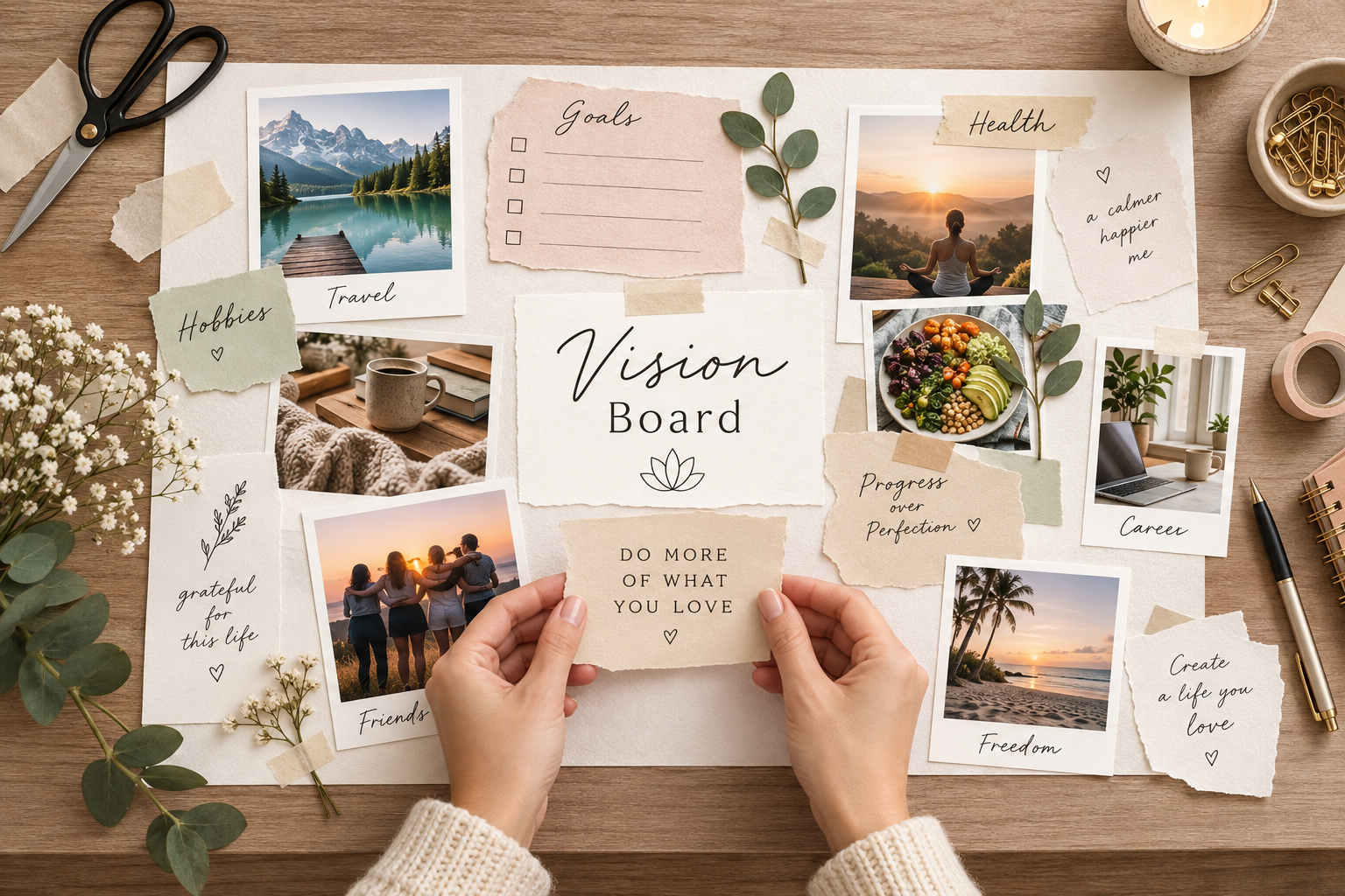 Vision board featuring personal goals, wellness, travel, healthy living, career aspirations, and inspirational quotes.