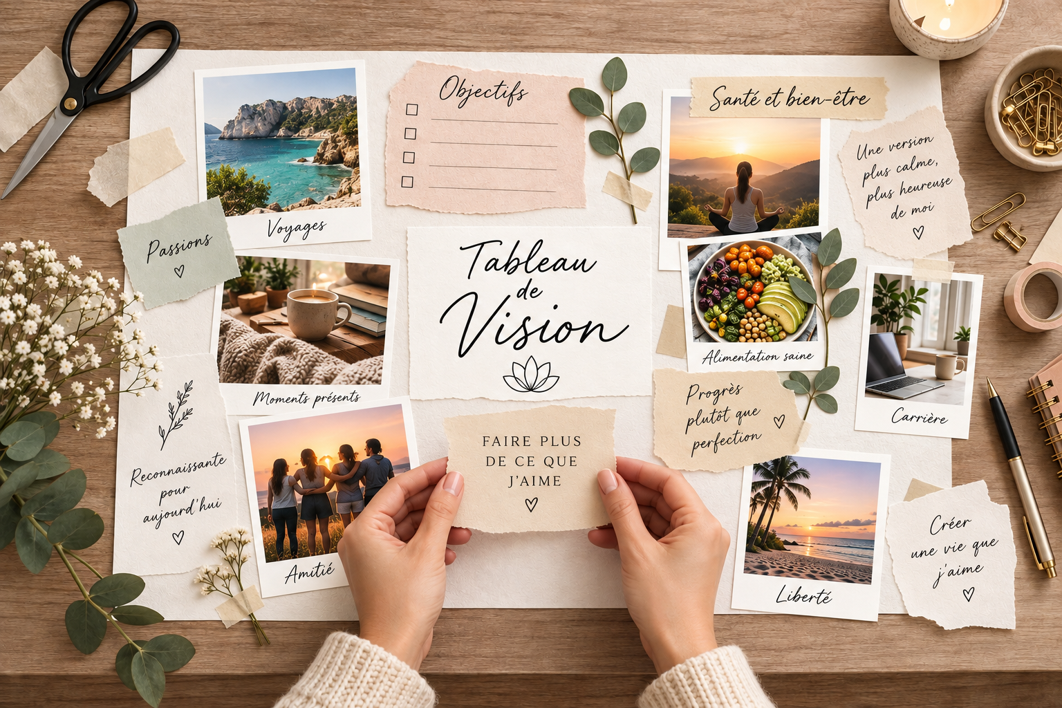 Vision board featuring personal goals, wellness, travel, healthy living, career aspirations, and inspirational quotes.