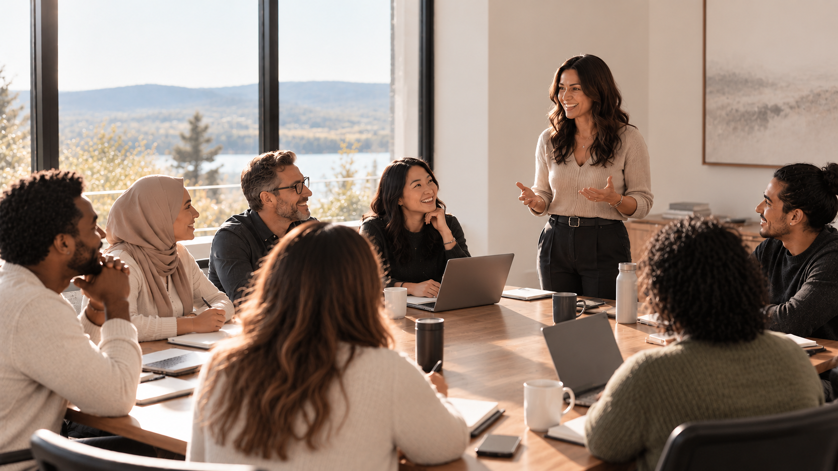 Facilitator leading a group discussion around a table during a workshop