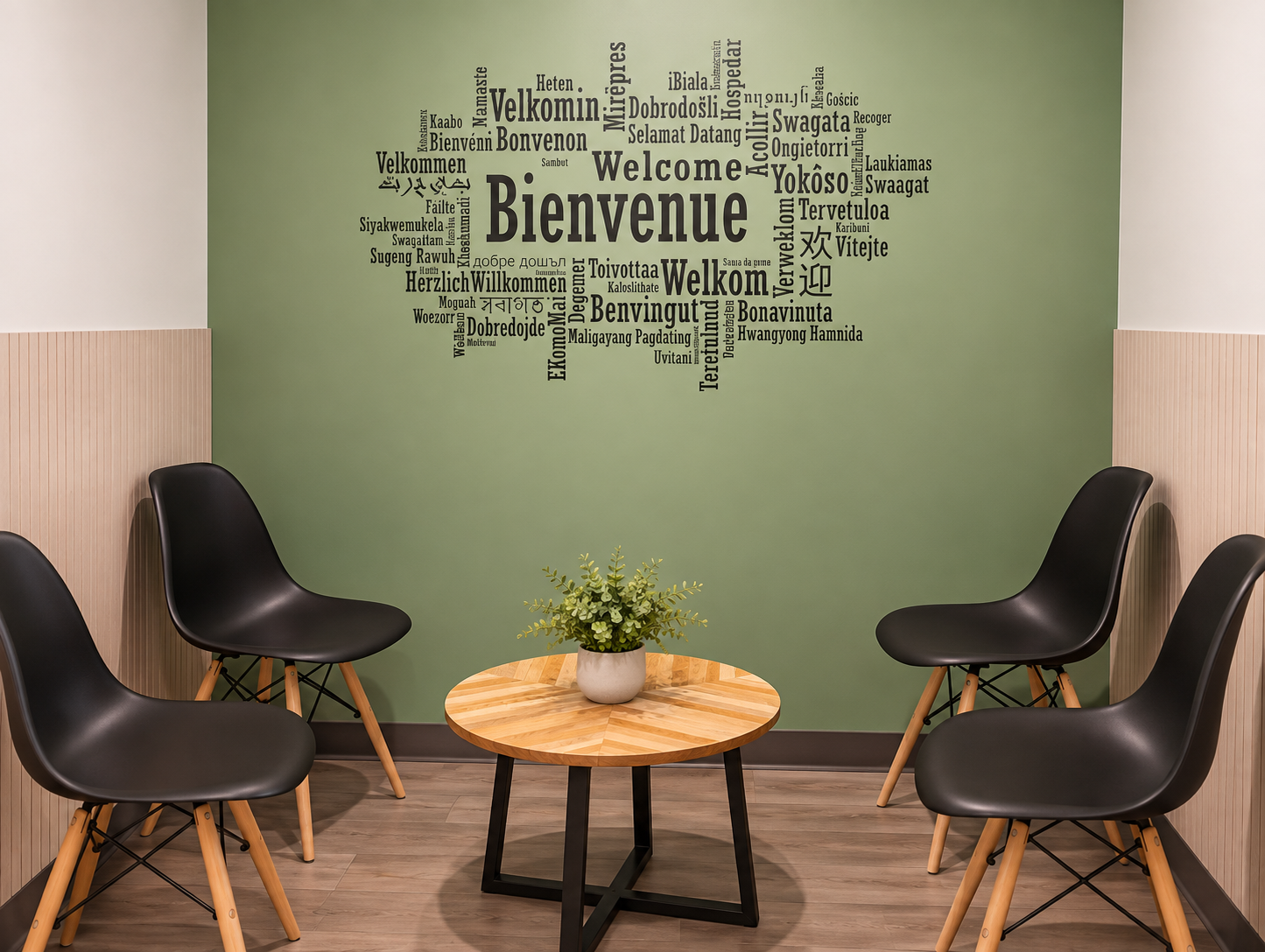 Harmonia Therapy Center waiting room with a "Bienvenue" welcome wall