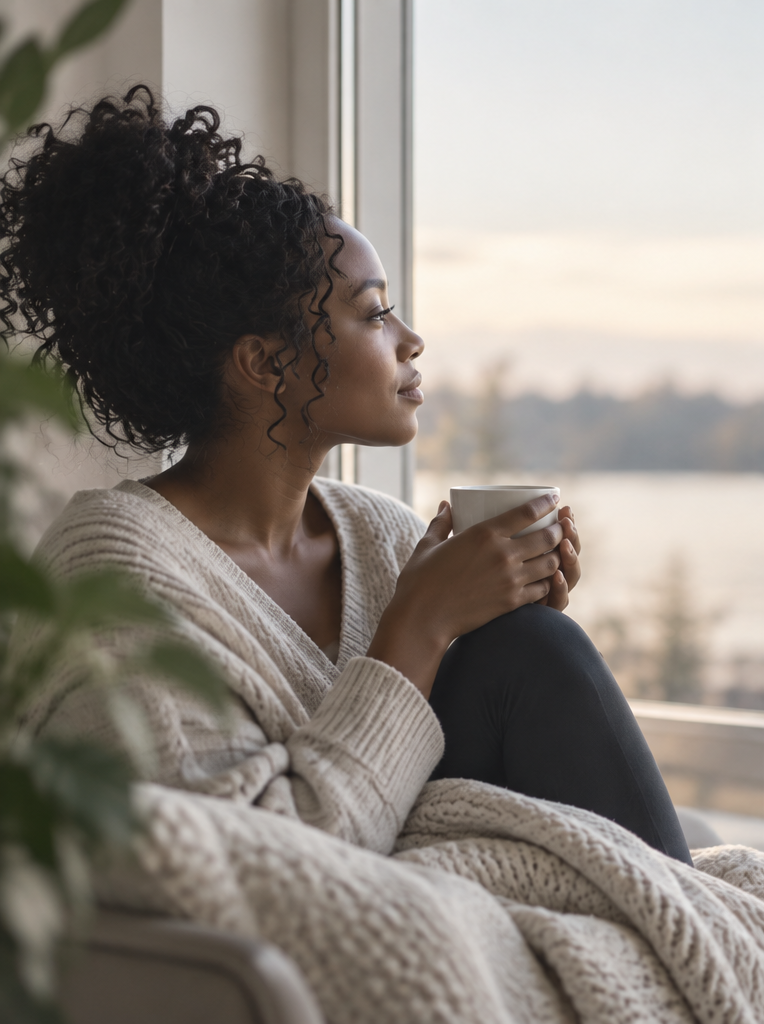 Person sitting by a window holding a cup reflecting quietly